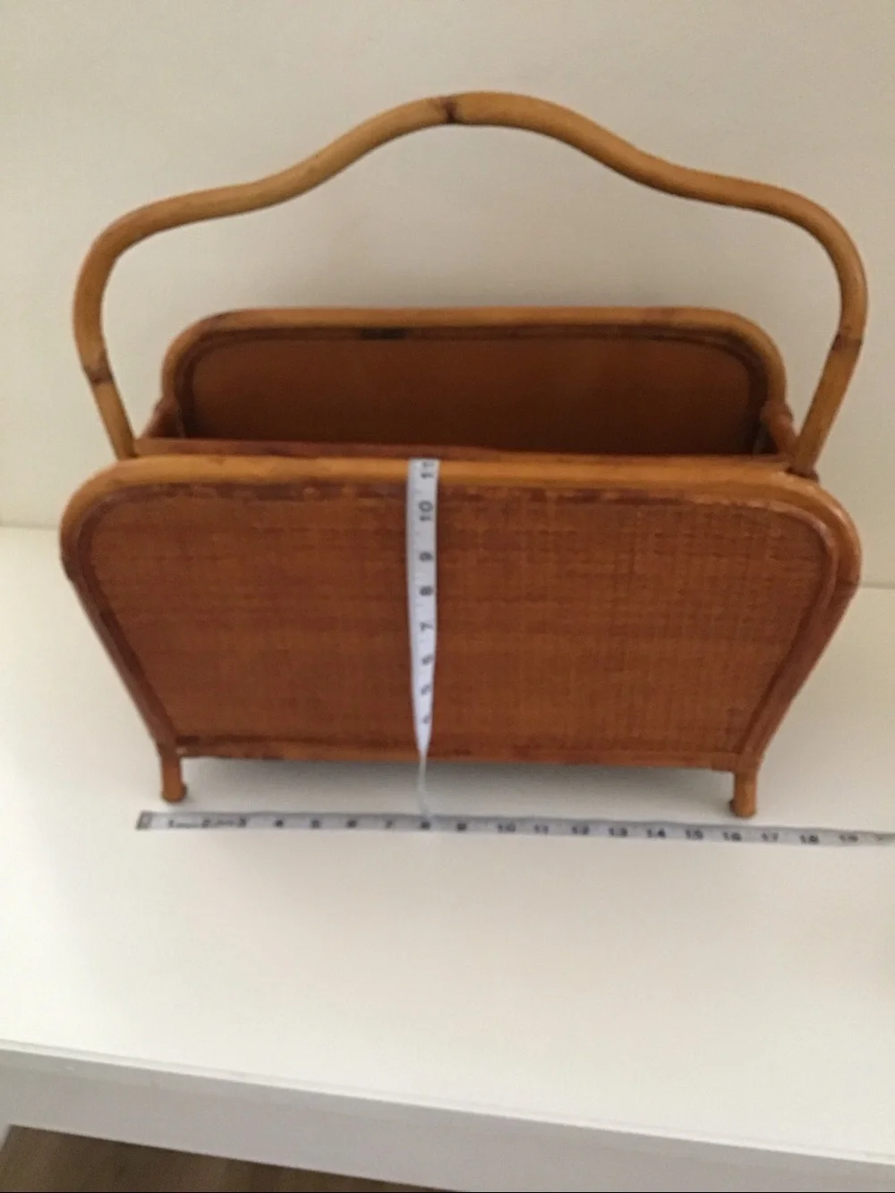 Vintage 1950s magazine rack bent bamboo frame, woven rattan side